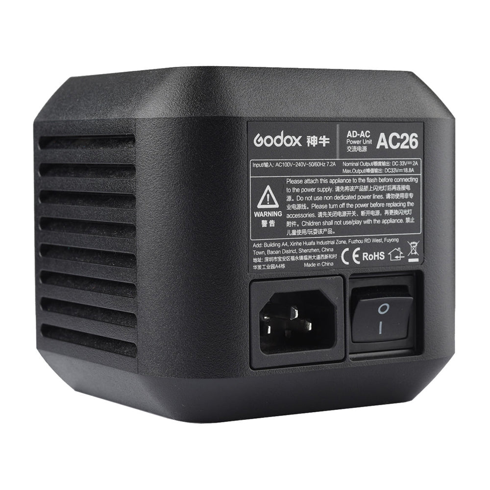 ADAPTADOR DE CORRIENTE GODOX AC-26 PARA FLASH PORTABLE GODOX WITSTRO AD600PRO DE 600W PORTATIL Y TODO EN UNO