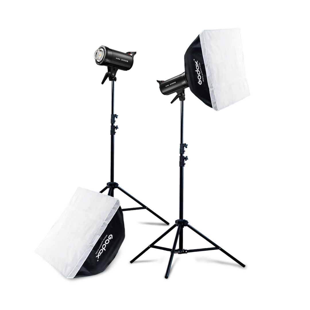 Kit Godox de dos Flashes de Estudio SK400II-V con dos Softboxes de 70x100 cm con Montura Tipo Bowens y dos Parantes 304 de 200 cm.