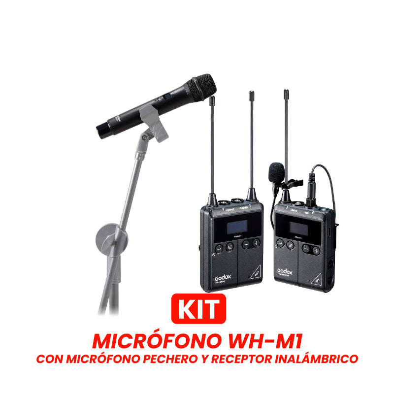 KIT DE MICROFONO DE MANO WH-M1 CON MICRÓFONO PECHERO Y RECEPTOR INALÁMBRICO